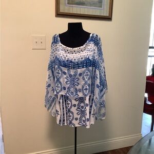 Energe 2X World Men Blue White Patterned Poncho Style Layered Blouse Plus Siz 2X